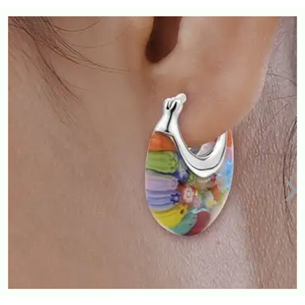 ITALIAN Murano Glass Earrings Floral Flower Silver Multi Colored NEW Colorful - Picture 6 of 8
